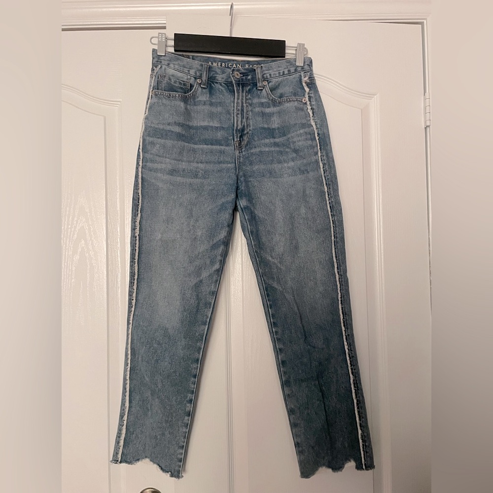 American Eagle Mom Jeans with white side stripe size 4 Short, raw hem